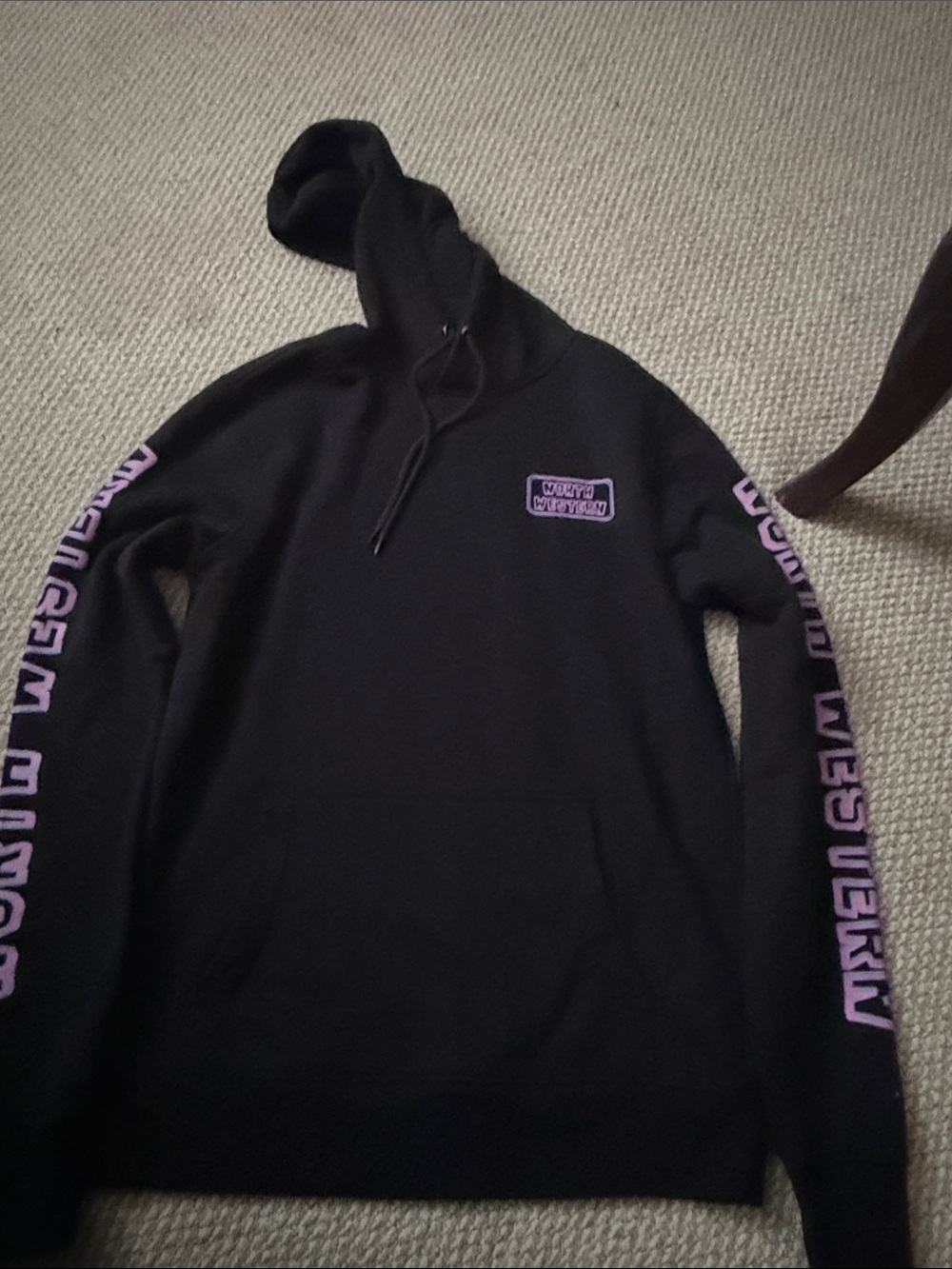 Men’s size small Black Hoodie Sweater with Purple Sleeve Graphics